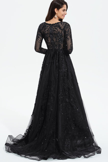 Robe Manche Longue De Bal Noire Élégante - gallery 4