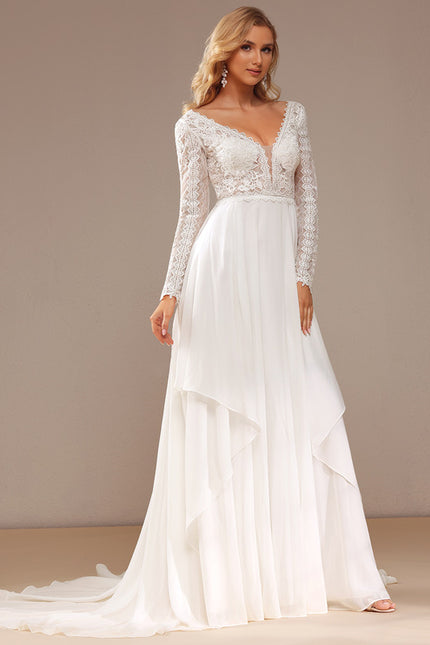 Robe Manche Longue Traîne Vaporeuse - gallery 2