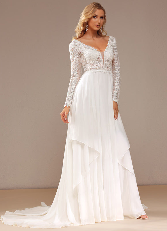 Robe Manche Longue Traîne Vaporeuse - gallery 2