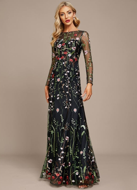 Robe Manche Longue Florale Noire