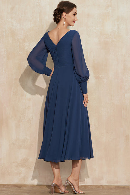 Robe Manche Longue Vaporeuse Marine - gallery 6
