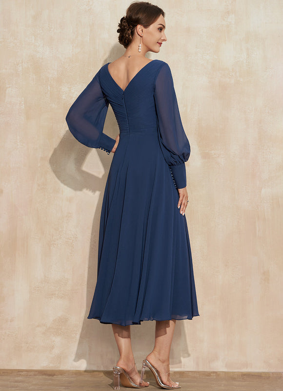 Robe Manche Longue Vaporeuse Marine - gallery 6