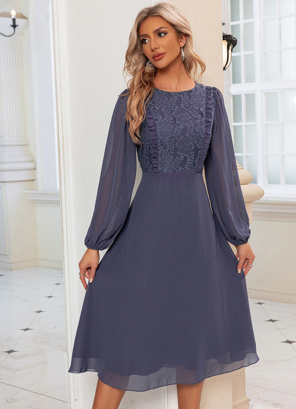 Robe Manche Longue Midi Lavande Élégante - gallery 2