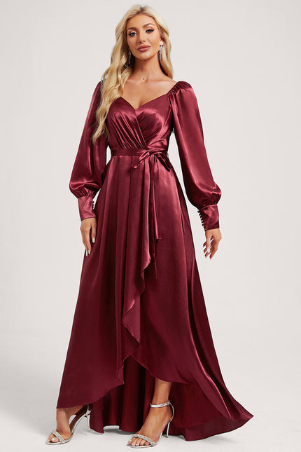 Robe Manche Longue Satin Volants Bordeaux - gallery 2