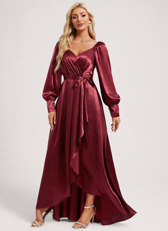 Robe Manche Longue Satin Volants Bordeaux - gallery 2