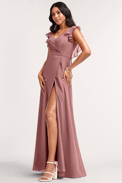 Robe Manche Longue Longue Rose Volants - gallery 2