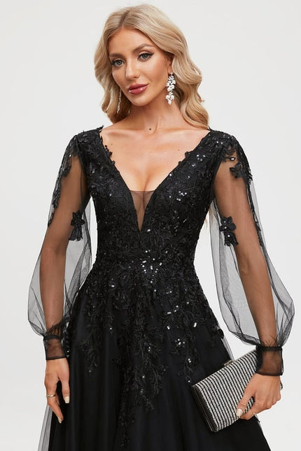 Robe Manche Longue De Bal Noire Élégante - gallery 4