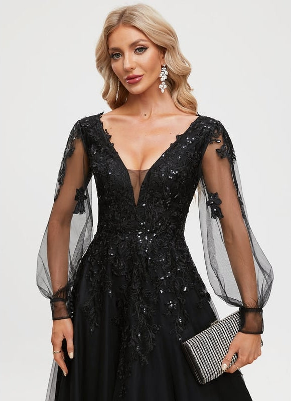Robe Manche Longue De Bal Noire Élégante - gallery 4