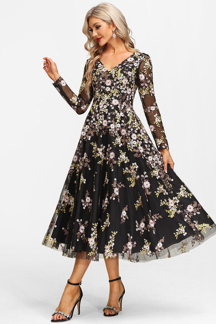 Robe Manche Longue Florale Noire Vaporeuse - gallery 3