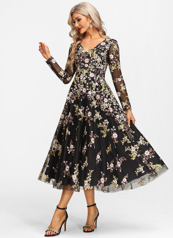 Robe Manche Longue Florale Noire Vaporeuse - gallery 3