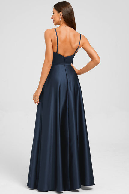 Robe Manche Longue Satin Marine - gallery 1
