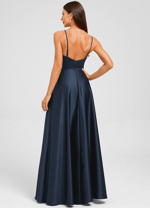 Robe Manche Longue Satin Marine - gallery 1