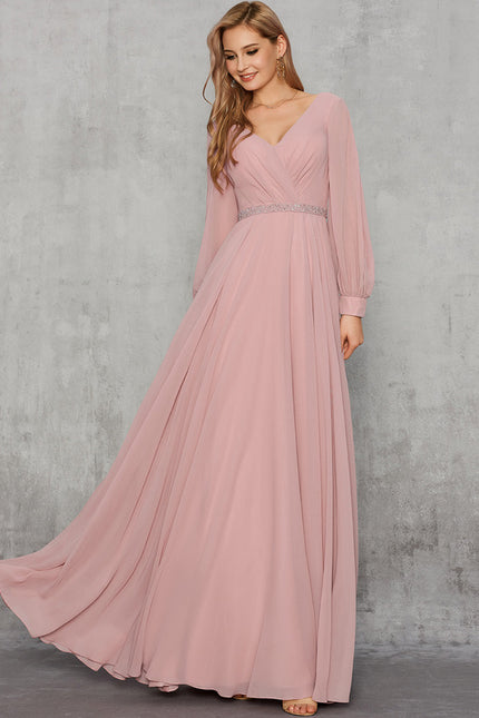 Robe Manche Longue Mousseline Rose Élégante - gallery 1