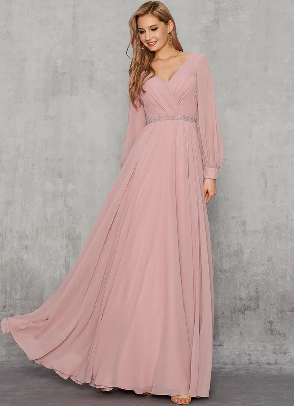 Robe Manche Longue Mousseline Rose Élégante - gallery 1