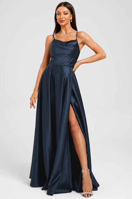 Robe Manche Longue Satin Marine - gallery 4