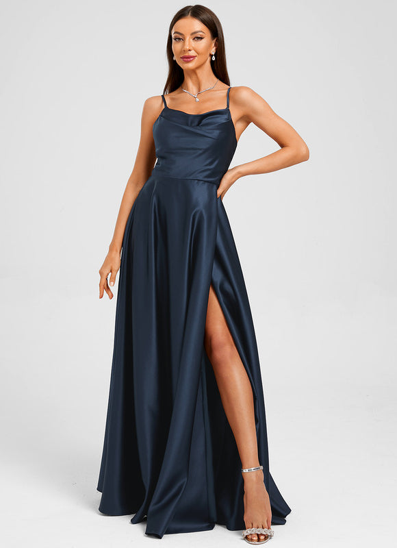 Robe Manche Longue Satin Marine - gallery 4