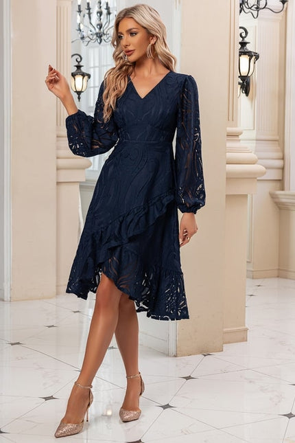 Robe Manche Longue Midi Dentelle Marine - gallery 4