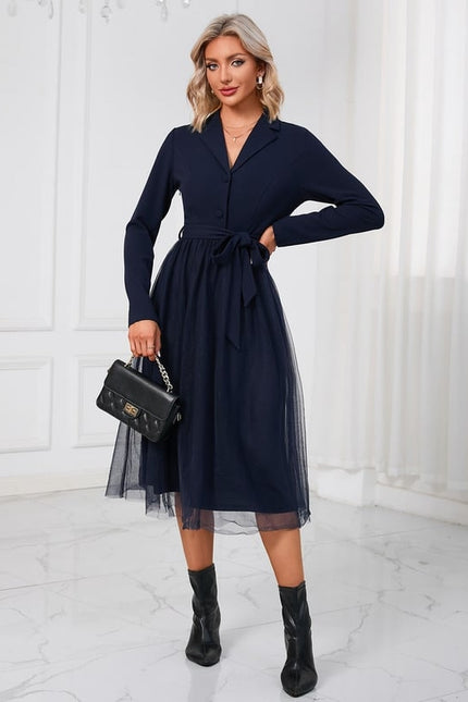 Robe Manche Longue Midi Ceinturée Élégante - gallery 1
