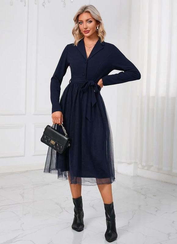 Robe Manche Longue Midi Ceinturée Élégante - gallery 1