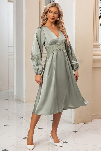 Robe Satin Verte Manche Longue - gallery 2