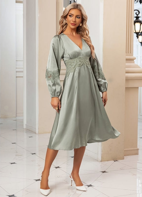 Robe Satin Verte Manche Longue - gallery 2