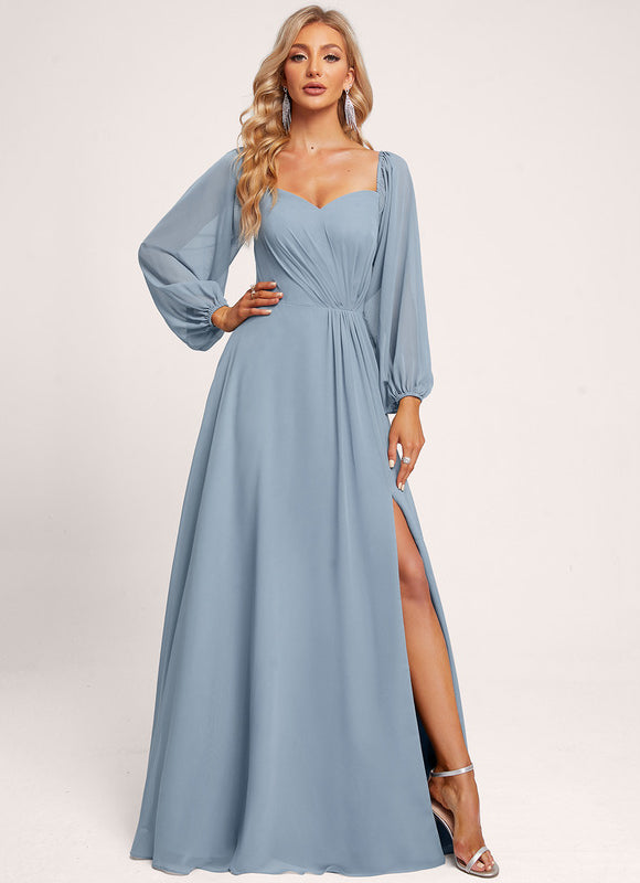 Robe Manche Longue Longue Bleu Satin