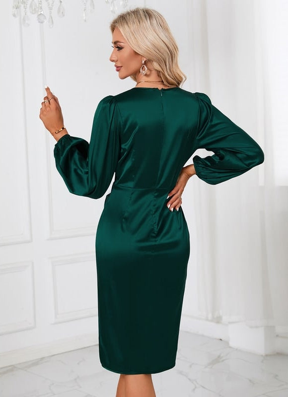 Robe Manche Longue Satin Midi Émeraude - gallery 5