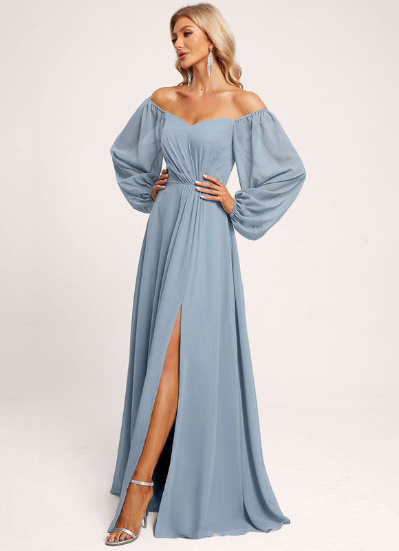 Robe Manche Longue Longue Bleu Satin - gallery 1