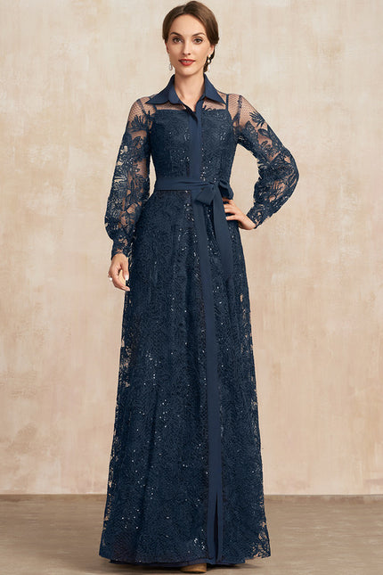 Robe Manche Longue En Dentelle Marine - gallery 2