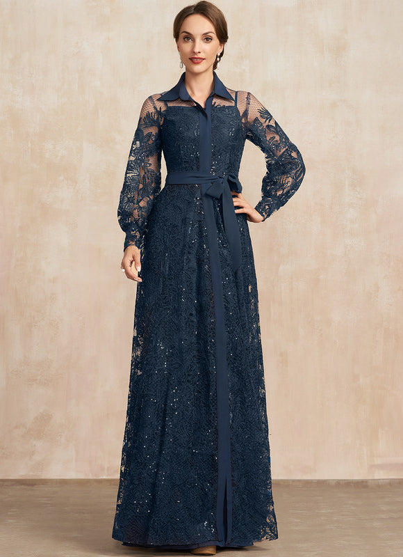 Robe Manche Longue En Dentelle Marine - gallery 2