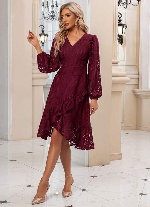 Robe Manche Longue Midi Dentelle Marine - gallery 7