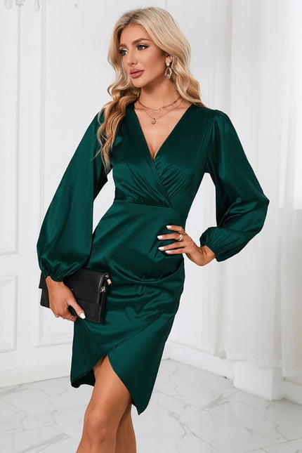 Robe Manche Longue Satin Midi Émeraude