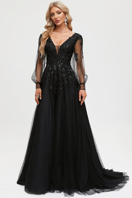Robe Manche Longue De Bal Noire Élégante - gallery 5