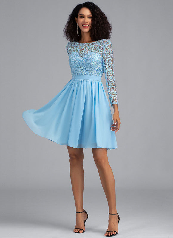 Robe Manche Longue Bleu Ciel Dentelle - gallery 2