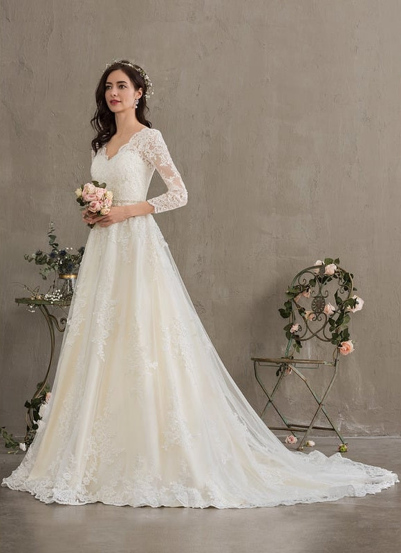 Robe Manche Longue Nuptiale Florale - gallery 3