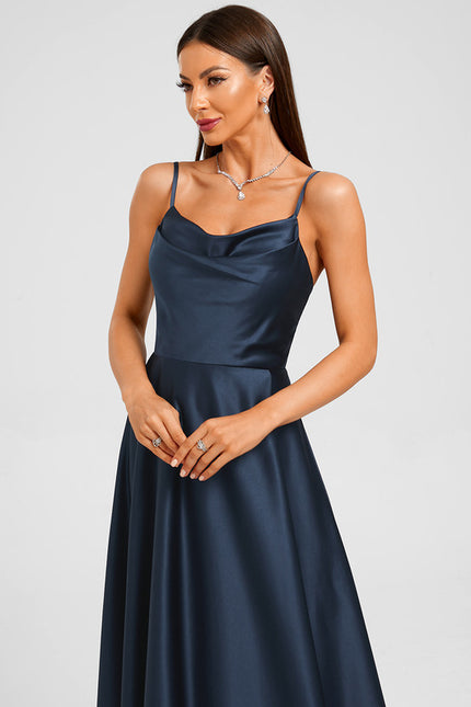 Robe Manche Longue Satin Marine - gallery 3
