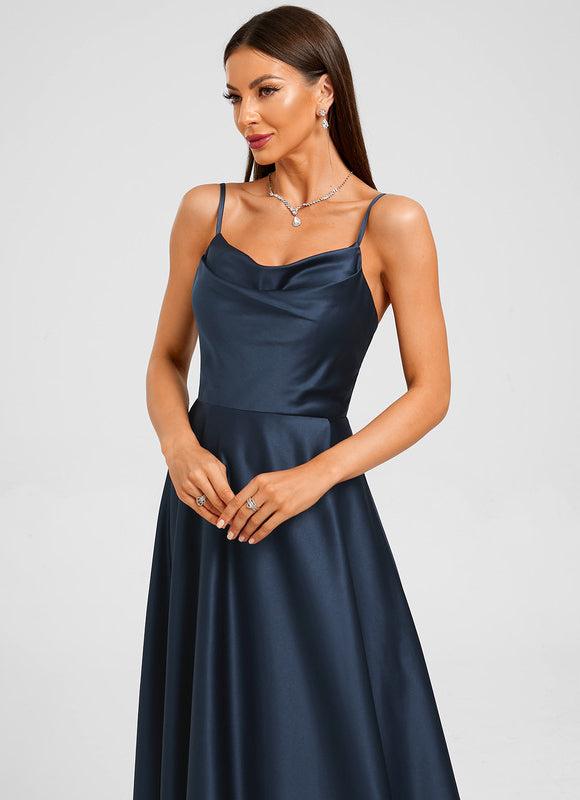 Robe Manche Longue Satin Marine - gallery 3