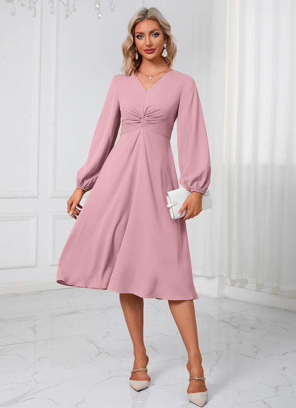 Robe Manche Longue Midi Rose Fluide - gallery 3