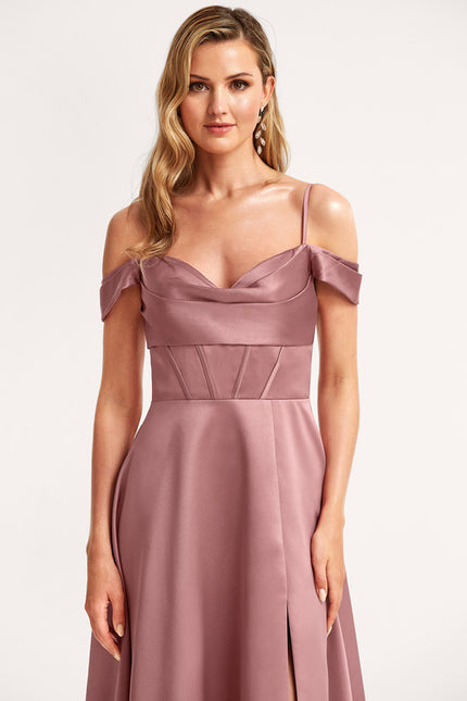 Robe Manche Longue Satin Épaule Dénudée - gallery 3
