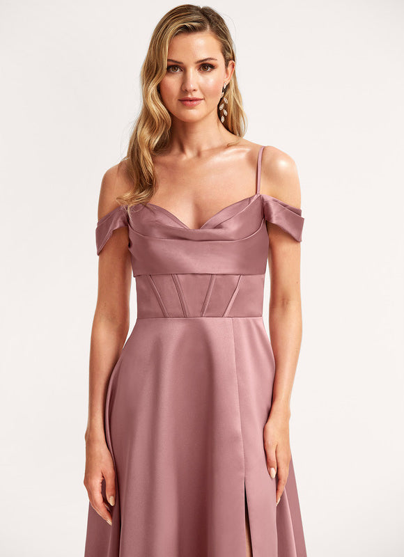 Robe Manche Longue Satin Épaule Dénudée - gallery 3