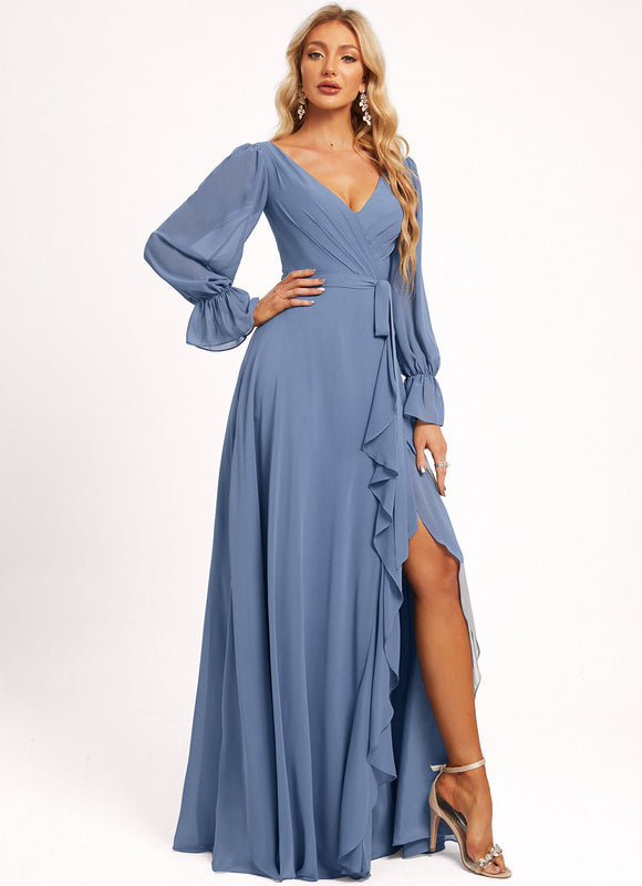 Robe Manche Longue Longue Rose Volants - gallery 3