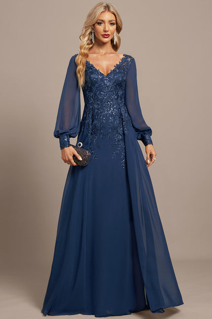 Robe Manche Longue Élégante Bleu Nuit - gallery 1