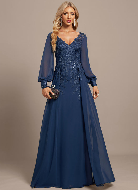 Robe Manche Longue Élégante Bleu Nuit - gallery 1