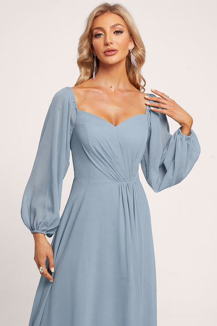 Robe Manche Longue Longue Bleu Satin - gallery 5