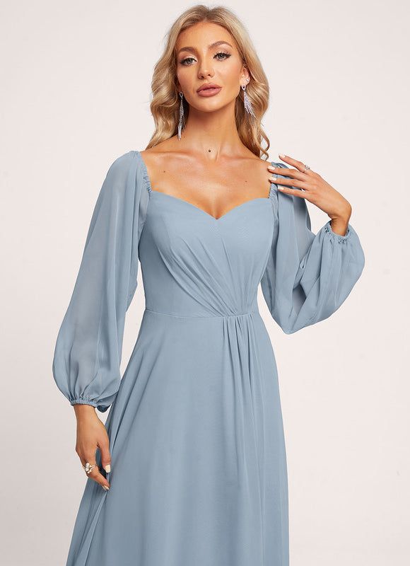 Robe Manche Longue Longue Bleu Satin - gallery 5