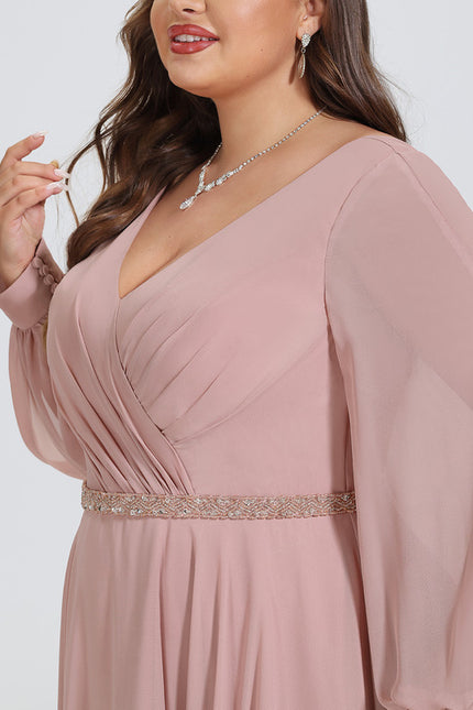 Robe Manche Longue Mousseline Rose Élégante - gallery 7