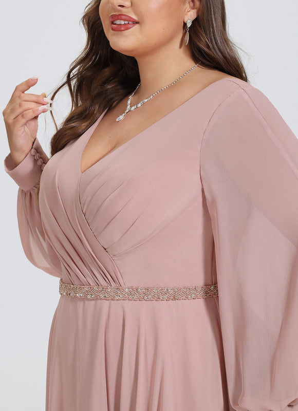 Robe Manche Longue Mousseline Rose Élégante - gallery 7