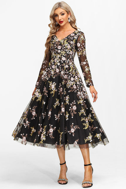 Robe Manche Longue Florale Noire Vaporeuse