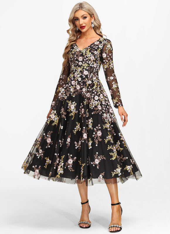 Robe Manche Longue Florale Noire Vaporeuse