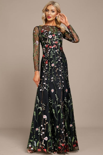 Robe Manche Longue Florale Noire - gallery 3